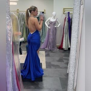 BLUE BEDAZZLED NECK LINE PROM DRESS